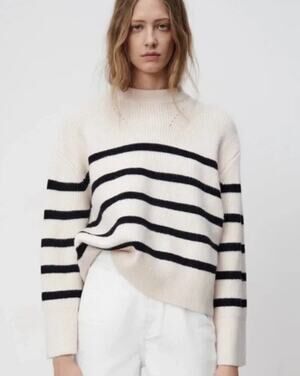 ZARA Breton Striped Sweater Crew Neck Chunky Knit Oversized Wide Sleeve White